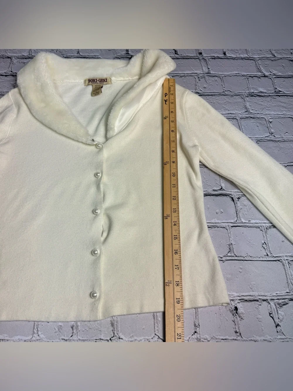 Vtg Y2K Doki Geki Ivory Button Cardigan Faux Fur Collar Winter Coquette Size L